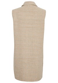 Gilet senza maniche con un motivo houndstooth in marrone e crema, caratterizzato da un colletto e un taglio dritto, realizzato in tessuto testurizzato.