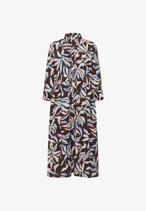 Sukienka o długości midi z długimi rękawami, kołnierzem i zapinana na guziki z przodu, brązowa z abstrakcyjnymi niebieskimi, białymi i różowymi wzorami liści.