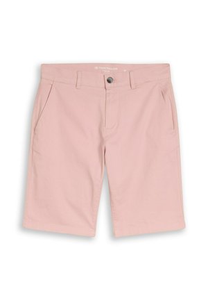 Lichtroze slim-fit herenshorts met knoop aan de voorkant, ritssluiting, riemlussen en zijzakken, weergegeven tegen een witte achtergrond.