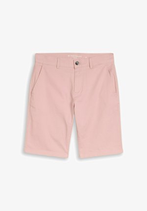 Lichtroze slim-fit herenshorts met knoop aan de voorkant, ritssluiting, riemlussen en zijzakken, weergegeven tegen een witte achtergrond.
