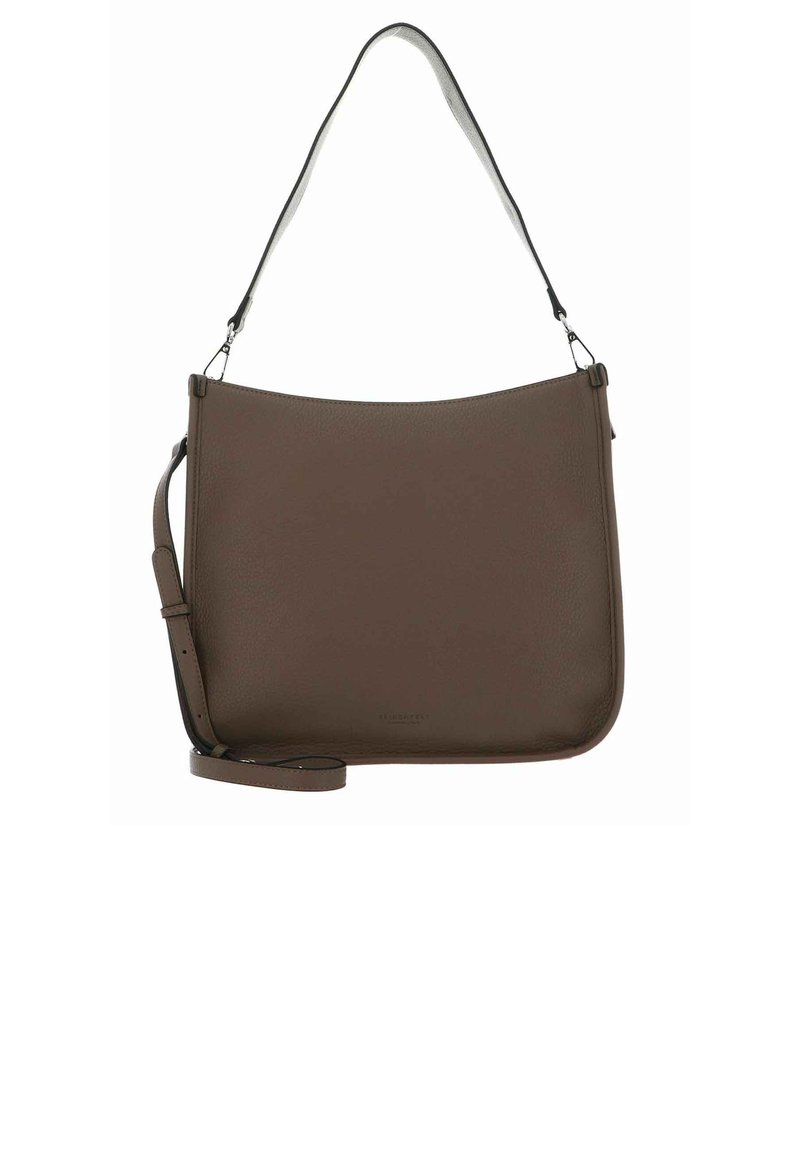 Sac à bandoulière en cuir marron avec une forme élégante et courbée. Il dispose d'une bandoulière amovible et d'un design minimaliste sans ferrures visibles.