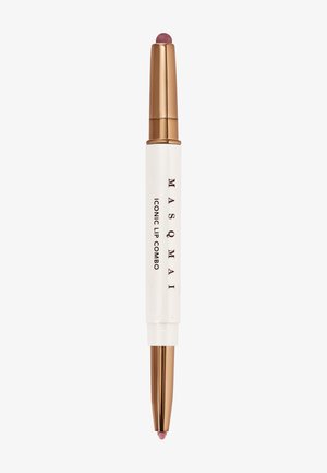 Dubbelzijdig lipproduct met roségouden doppen en een witte kern, gelabeld Masqmai Iconic Lip Combo, met roze lipstick en liplinerpunten.