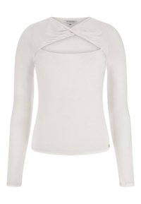 White long-sleeve fitted top with a twisted cutout detail at the chest and a small logo tag near the hem.