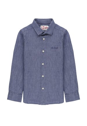 Camicia chambray blu a maniche lunghe con collo e logo ricamato "St Barth" sul petto sinistro.