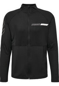 Svart zip-up jacka i slät tyg. Har en hög krage, logotyp i vitt och stiliga svart-vita detaljer på axeln.