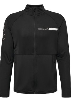 Zwarte zip-up jack van gladde stof. Heeft een hoge kraag, een logo in het wit en een stijlvolle zwart-witte accent op de schouder.