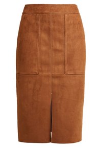 Hnědá semišová sukně tužkového střihu s předním rozparkem, dvěma našitými kapsami a kontrastním prošitím pro větší detail. Hladká textura a přiléhavý design.