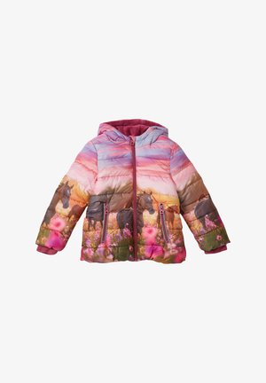 Podložena jakna s kapuco, s prehodom roza in vijoličnih odtenkov, grafiko konj in cvetlic ter z žepi na zadrgo. Mehka notranja podloga.