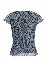 Top blu corto a maniche corte con stampa zebra nera, caratterizzato da una forma aderente e bordi arricciati lungo le maniche e l'orlo. Tessuto traslucido.