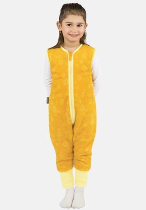 Gelber Schlafanzug mit floralem Muster, Reißverschluss und kontrastierenden gelben Bündchen. Weicher Stoff für Komfort. Geeignet für Kinder.