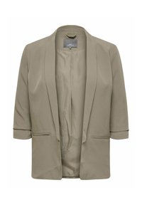 Blazer topo con una textura suave, frente abierto y mangas de tres cuartos. Cuenta con dos bolsillos en la parte delantera y un diseño simple, sin adornos.
