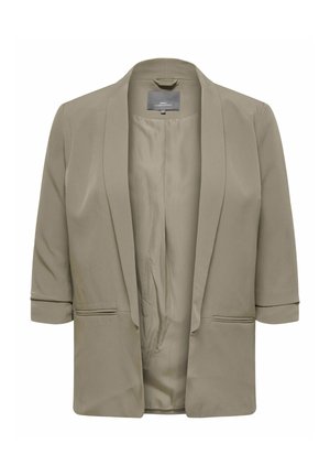 Blazer topo con una textura suave, frente abierto y mangas de tres cuartos. Cuenta con dos bolsillos en la parte delantera y un diseño simple, sin adornos.