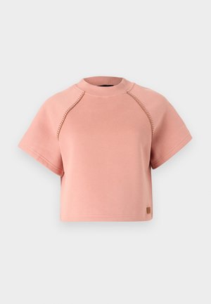 Pink cropped sweatshirt with a round neck, short sleeves, and contrasting stitching details. Features a small logo patch at the hem.