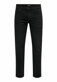 Jeans de mezclilla negra con corte recto, que cuentan con bolsillos frontales, un cierre con botón y una textura suave. Diseño clásico de cinco bolsillos.