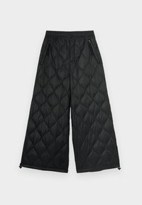 Juodos užpildytos kelnių kelnės su plačiomis kojomis, turinčios tekstūruotą rombo modelio raštą, elastingą juosmenį ir užtrauktukais užtraukiamas šonines kišenes.