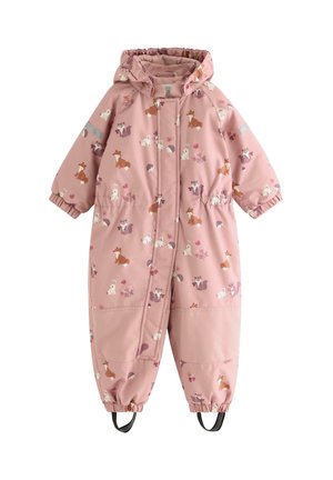 Růžová zimní kombinéza pro batolata s kapucí s potisky lišky, králíka, veverky a květin, elastickými manžetami a popruhy na nohy.