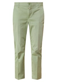 Pantaloni slim-fit verdi chiaro realizzati in un tessuto misto cotone. Presentano una chiusura con bottone, passanti per cintura e tasche standard. Texture liscia.