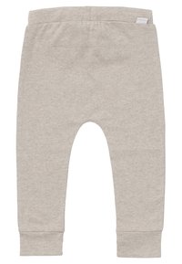 Ljusgrå bomullsbukser för småbarn med elastisk midja, avsmalnande muddar och en mjuk textur, designade för komfort och flexibilitet.