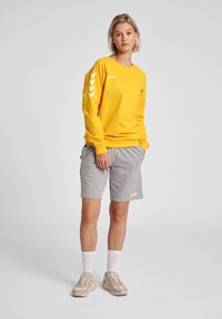 Gul långärmad sweatshirt med vit chevron-design på ärmarna, matchad med gråa shorts, vita strumpor och beiga sneakers. Avslappnad outfit.