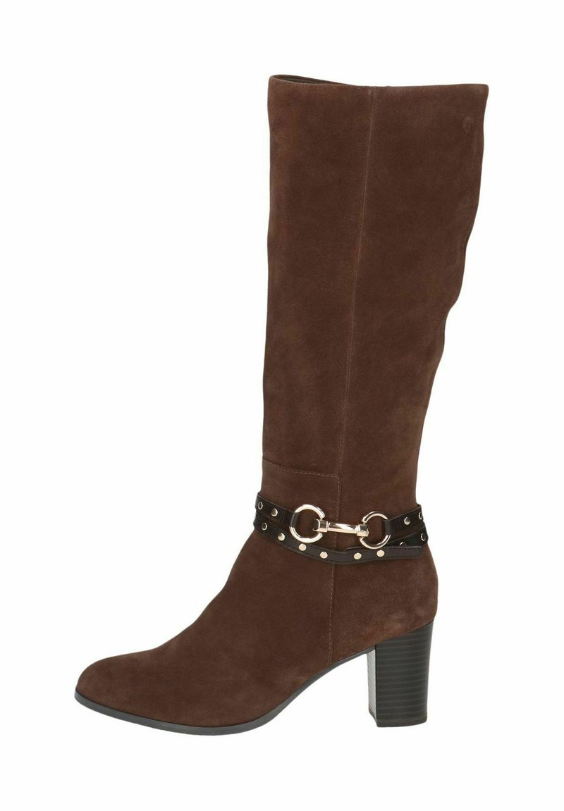 Brown suede knee-high boot with a block heel, featuring a black strap adorned with gold studs and a silver circular buckle.