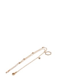 Arany színű nyaklánc finom dupla lánccal, kis kerek gyöngyökkel és világos rhinestones-szal díszített hatszögletű medállal.