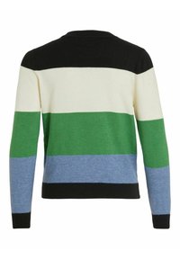 Neulepaita, jossa mustia, kermaisia, vihreitä ja sinisiä vaakaraitoja, pitkät hihat ja pyöreä kaula-aukko. Pehmeä tekstuuri, normaali istuvuus.