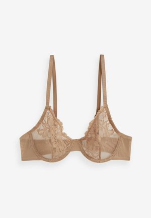 Soutien-gorge en dentelle couleur nude avec une superposition en dentelle florale, des bretelles ajustables et un dos en mesh. Tissu doux offrant une texture délicate.