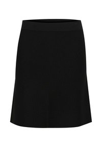 Jupe A-line noire avec une texture lisse et une large taille. Design simple sans motifs visibles ni détails matériels.