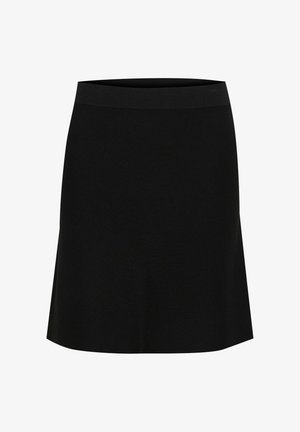Fustă neagră în linie A, cu o textură netedă și un talie lată. Design simplu, fără modele vizibile sau detalii de metal.