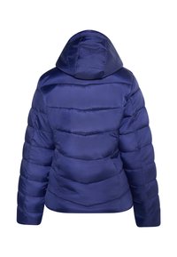 Jachetă puffer bleumarin cu glugă, având o textură netedă și lucioasă, cusături orizontale și un design slim fit.