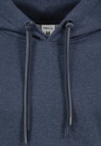 Hooded sweatshirt in dark navy with drawstrings. Made of soft fabric, featuring a tag with "SUBLEVEL" and size "M." Simple design, no patterns.