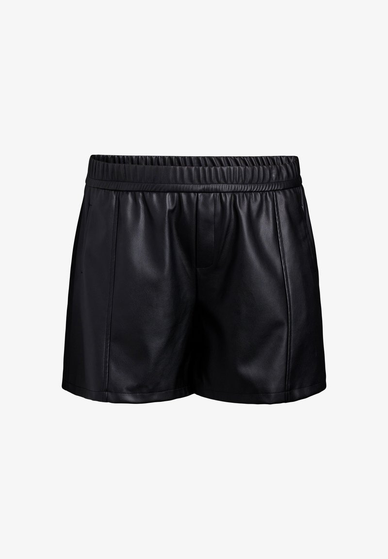Zwarte leren shorts met een elastische tailleband, voorzien van een gladde textuur, een losse pasvorm en zijzakken voor extra gemak.