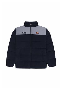 Geïsoleerde jas met een marineblauwe body en een grijze bovensectie. Voorzien van een ritssluiting, zijzakken en logo-accenten op de borst en mouwen.