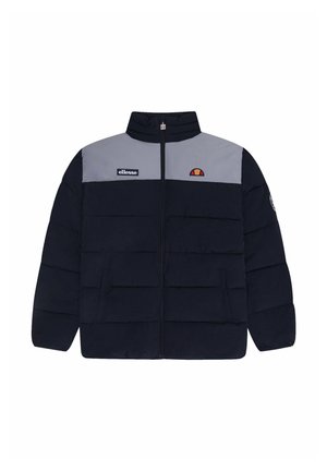 Geïsoleerde jas met een marineblauwe body en een grijze bovensectie. Voorzien van een ritssluiting, zijzakken en logo-accenten op de borst en mouwen.