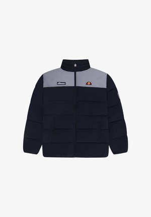 Geïsoleerde jas met een marineblauwe body en een grijze bovensectie. Voorzien van een ritssluiting, zijzakken en logo-accenten op de borst en mouwen.