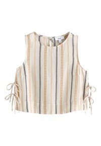 Sleeveless cream crop top with vertical beige, pink, and black stripes, featuring side ties and a round neckline with a back button closure.