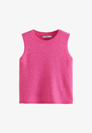 Bez piedurknēm, spilgti rozā krāsā, izgatavota no mīksta adīta auduma. Iezīmē apļveida kakla izgriezumu un vienkāršu, taisnu griezumu.