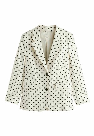 Sacou alb croitorit cu buline negre, rever cu tăietură în V, două buzunare frontale cu clapetă și două nasturi negri în față.