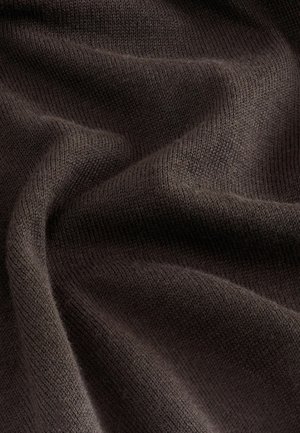 Tissue tricot maro închis cu o textură netedă, având un model ribat constant și o cădere moale. Ideal pentru îmbrăcăminte sau tapițerie.