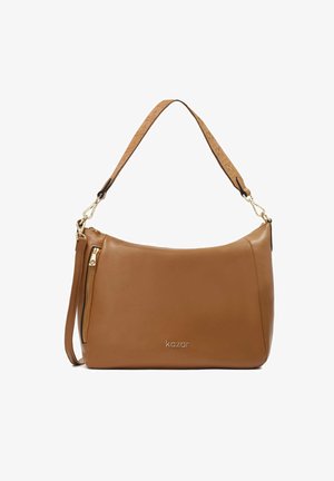 Brown leather shoulder bag with a smooth texture, gold hardware, a zippered pocket, and an embossed strap featuring a logo.