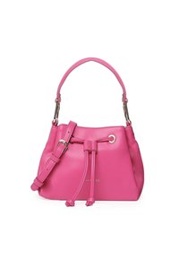 Borsa a secchiello rosa in pelle con forma arrotondata, manico superiore e tracolla regolabile. Include una chiusura con coulisse e dettagli metalizzati.