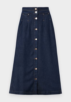 Džínová midi sukně, tmavě modrá, s knoflíkovým zapínáním vpředu, dvěma kapsami a zlatým kováním. Rovný střih s mírným rozšířením.