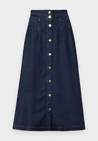 Sötétkék farmer midi szoknya, elöl gombos záródással, két zsebbel és aranyszínű fém alkalmazásokkal. Egyenes szabás slightly flárral.
