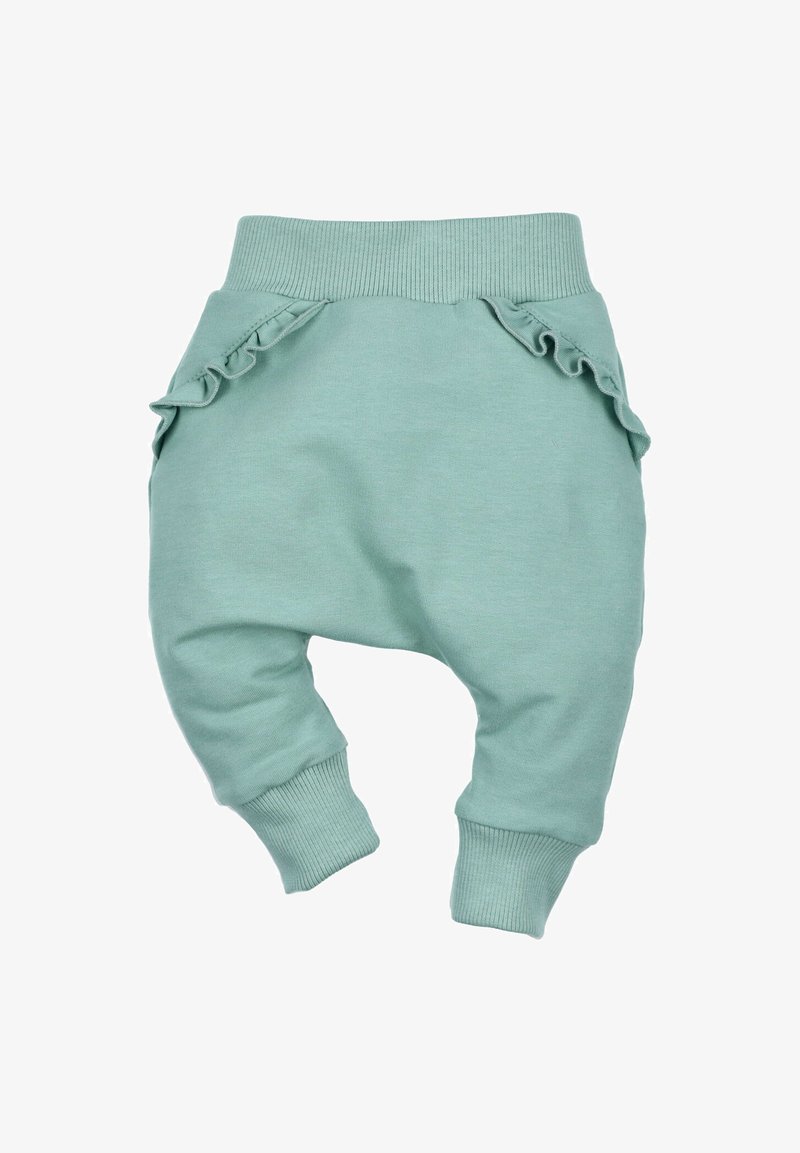 Jasno miętowe dziecięce spodnie wykonane z miękkiej bawełny, z falbaniastymi kieszeniami, prążkowanymi mankietami u kostek oraz prążkowanym paskiem w talii.