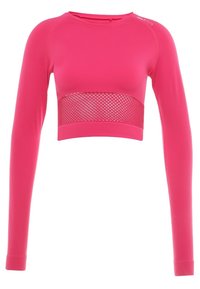 Leuchtend pinkfarbener, langärmeliger Cropped-Top mit rundem Halsausschnitt und einem breiten Netzpaneel über der Taille.