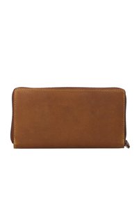 Brown leather wallet with a smooth texture, zip closure, and contrasting stitching. Rectangular shape, minimalistic design, no visible branding.