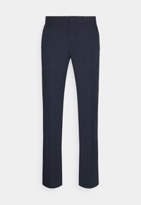 Mörkblå byxor, slim fit, tillverkade av slät tyg. Har en dragkedja, enkel knappstängning och två framfickor.