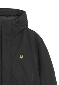 Giacca nera con colletto alto e logo ricamato giallo. Tessuto liscio e design aderente, ideale per l'uso all'aperto.