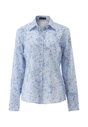 Hellblaues Hemd mit Knopfleiste und einem Blumenmuster in dunklerem Blau, Weiß und Rosa. Verfügt über einen spitzen Kragen und lange Ärmel.