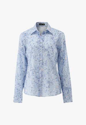 Hellblaues Hemd mit Knopfleiste und einem Blumenmuster in dunklerem Blau, Weiß und Rosa. Verfügt über einen spitzen Kragen und lange Ärmel.